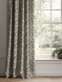 Green Botanical Linen Curtain - Olini Khaki - Natural base fabric.