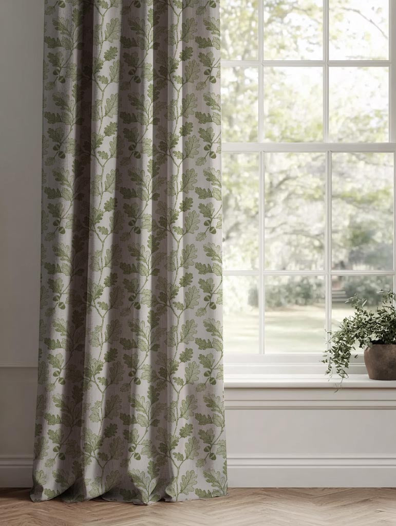 Green Botanical Linen Curtain - Olini Khaki - Natural base fabric.