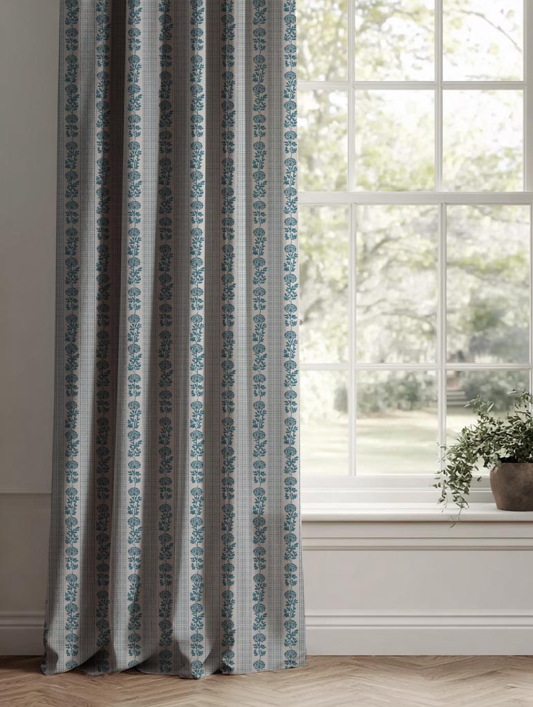 Blue Floral Stripe Linen Curtain - Skye Blue Stone - Natural base fabric.