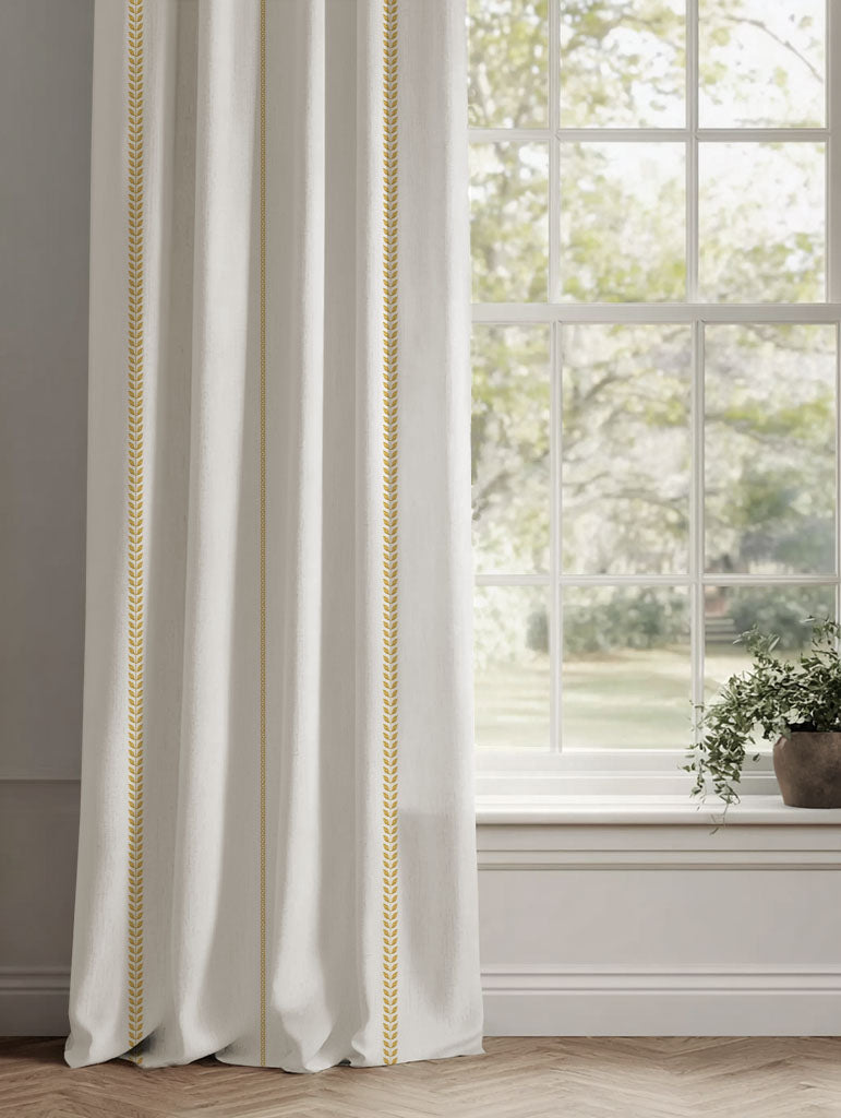 Orange / Yellow Striped Linen Curtains - Berit Gold Rod - White base fabric.