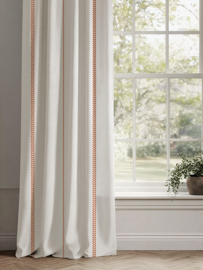 Red / Orange Striped Linen Curtains - Berit Terracotta - White base fabric.