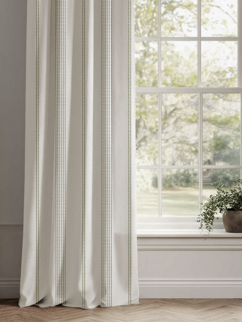Green Striped Linen Curtains - Brea Moss-WHT - White base fabric.