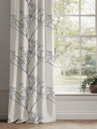 Blue Floral Linen Curtains - Cicely Deep Blue - White base fabric.