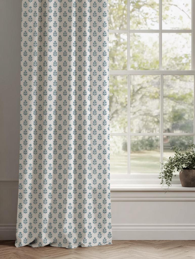 Blue Floral Linen Curtain - Doris Paris Blue-WHT - White base fabric.