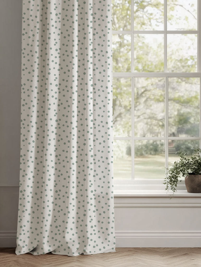 Green Spotted Linen Curtains - Dottie Meadow-WHT - White base fabric.