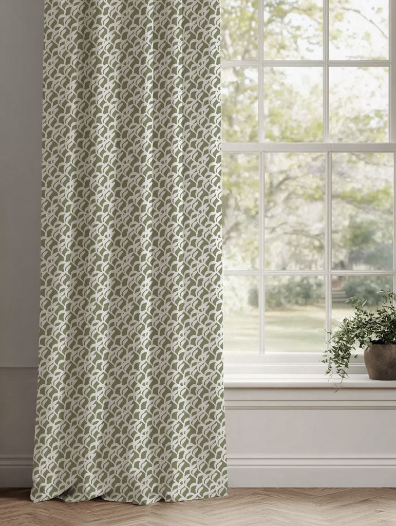 Green Botanical Linen Curtains - Edlyn Moss-WHT - White base fabric.