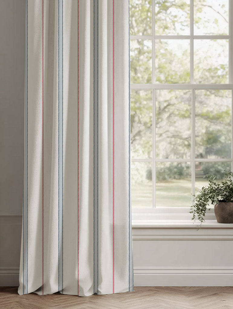 Red / Blue Striped Linen Curtains - Elise Red-Ink-WHT - White base fabric.