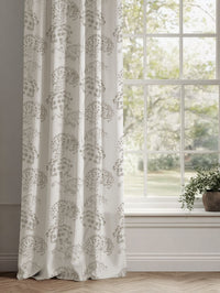 Neutral / Grey Floral Linen Curtains - Erleen Almond - White base fabric.
