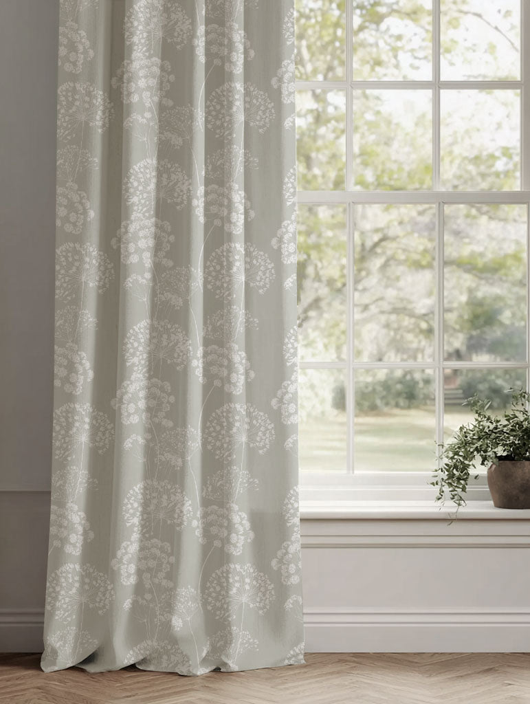 Neutral / Grey Floral Linen Curtains - Erleen INV Greige Clay - White base fabric.