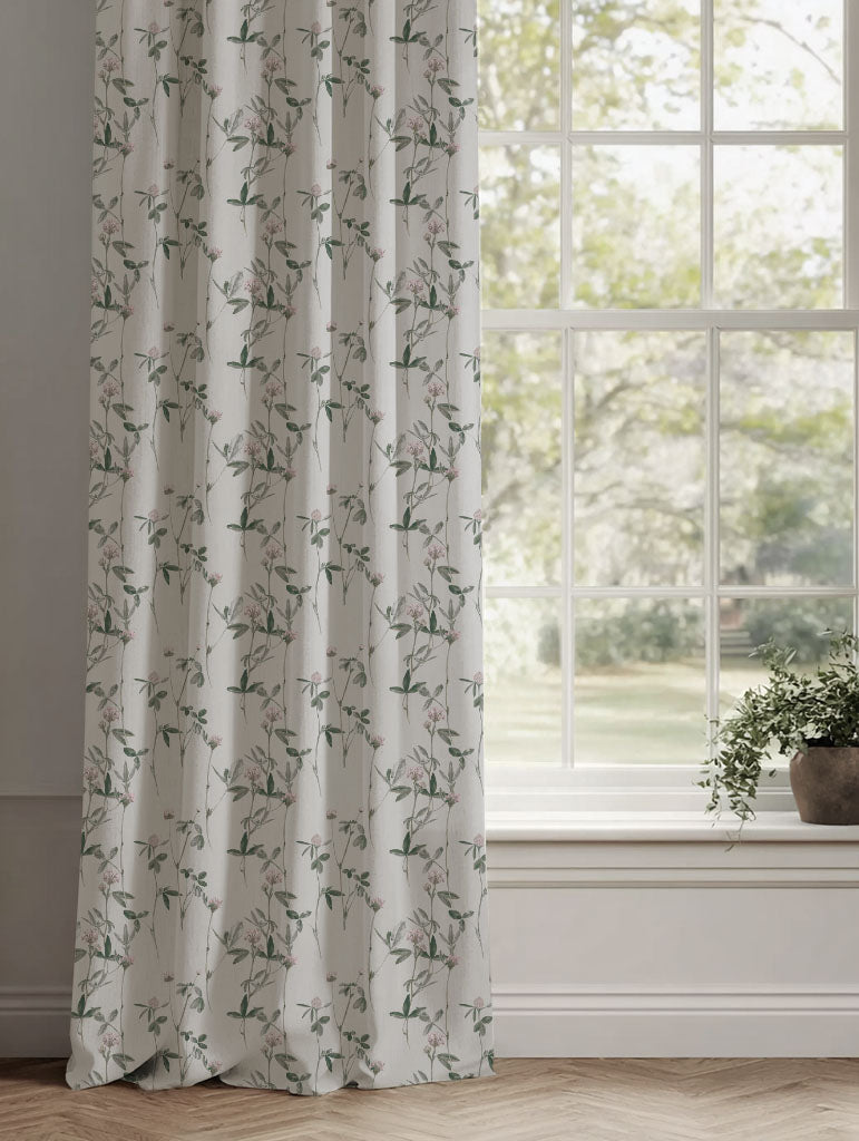 Pink Floral Linen Curtains - Estelle Powder Rose - White base fabric.