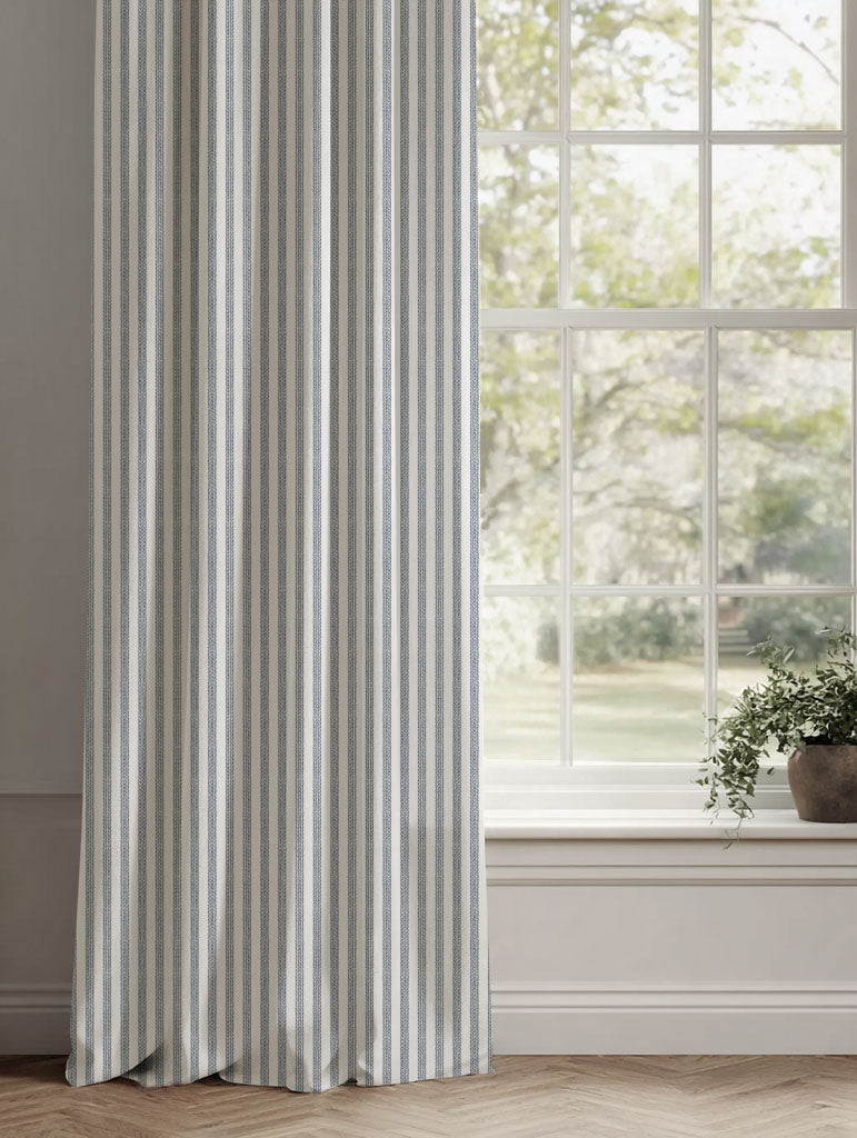 Blue Striped Linen Curtains - Evianne Ink-WHT - White base fabric.