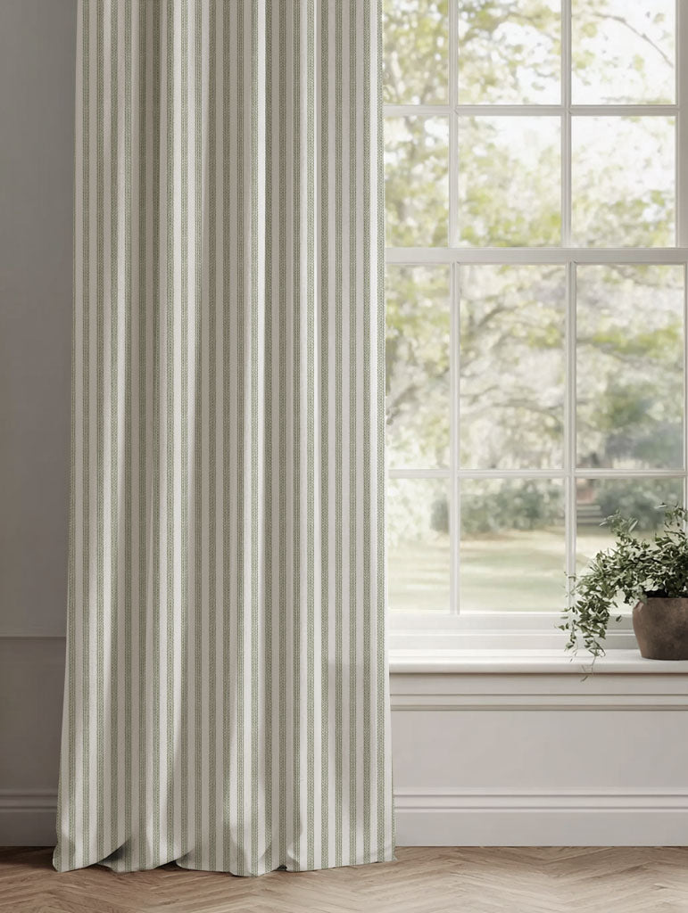 Green Striped Linen Curtains - Evianne Moss-WHT - White base fabric.