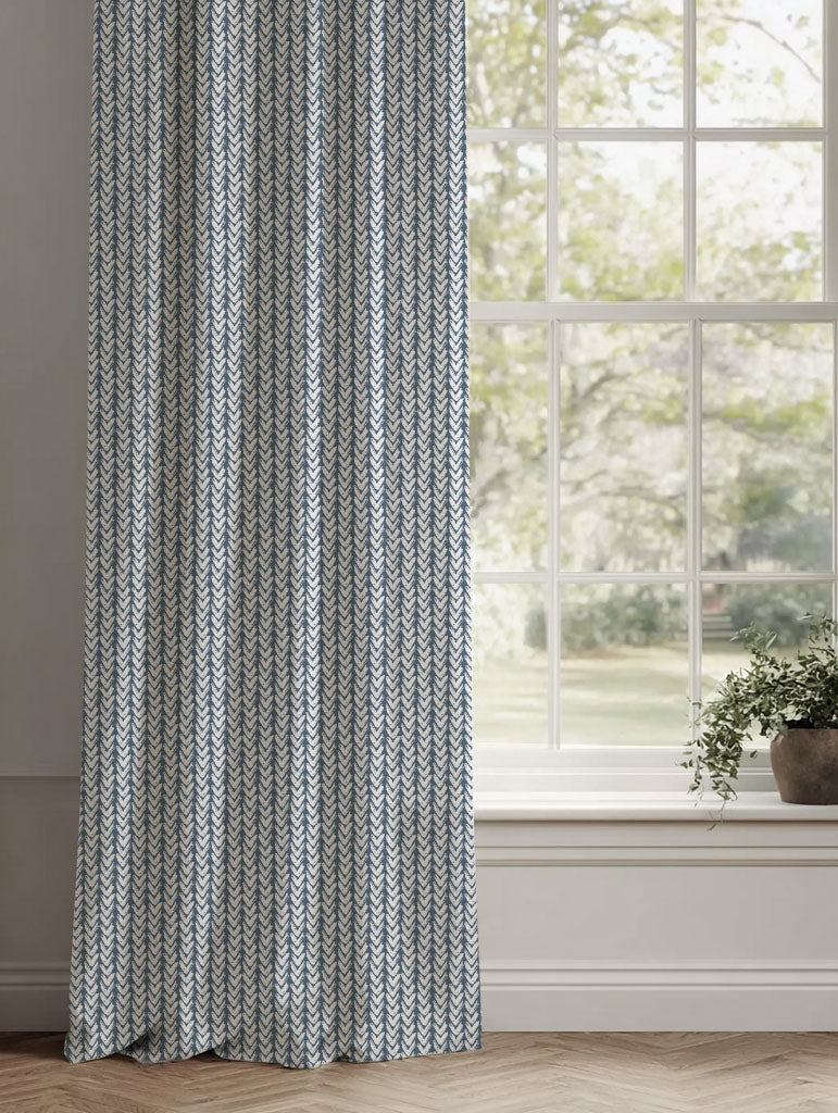 Blue Patterned Linen Curtains - Fia Ink - White base fabric.