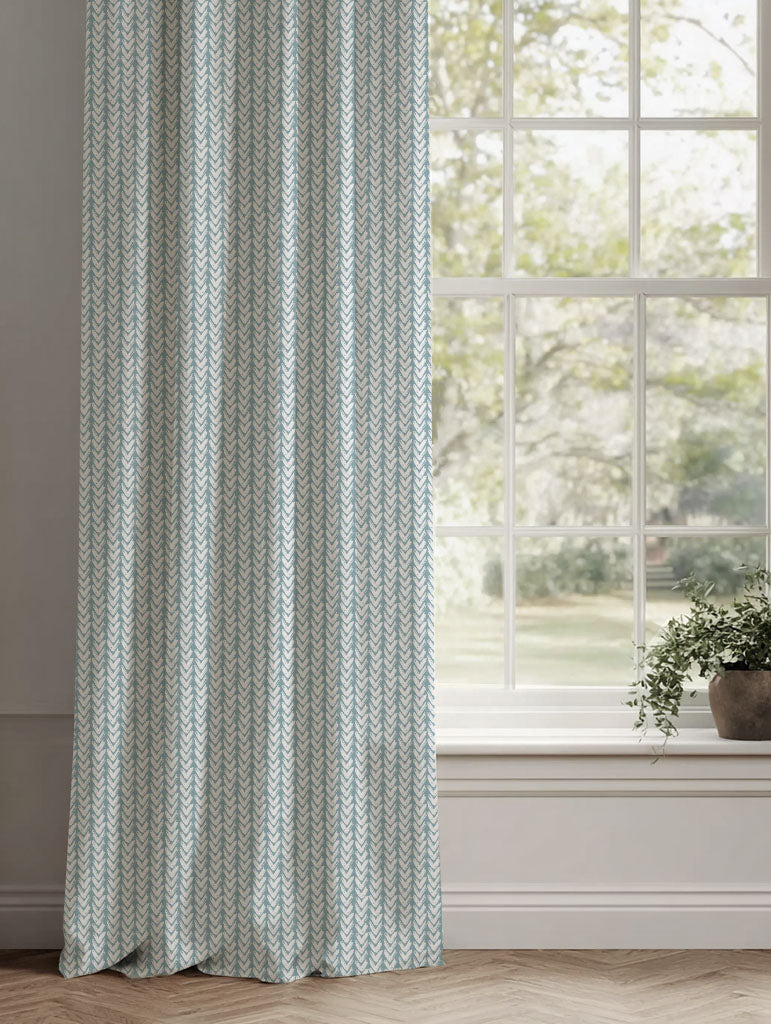 Blue Patterned Linen Curtains - Fia Shadow Blue - White base fabric.
