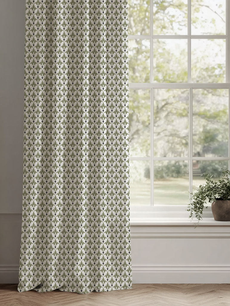Green Patterned Linen Curtains - Fiona Moss - White base fabric.