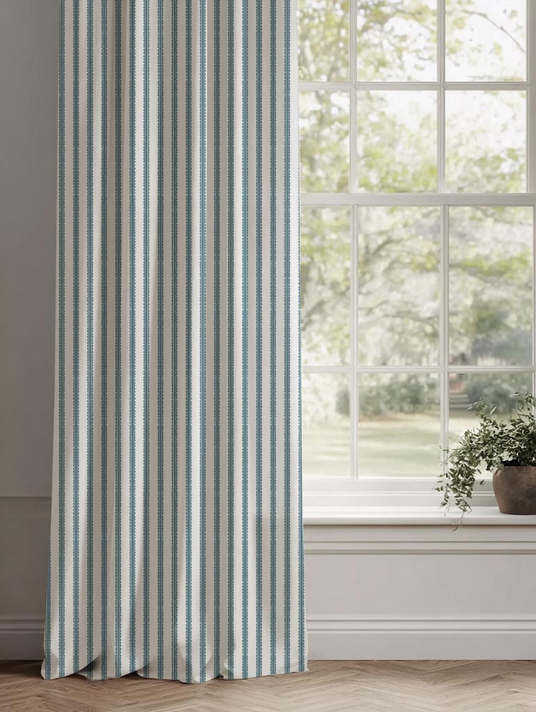 Blue Patterned Linen Curtain - Fionna Paris Blue-WHT - White base fabric.
