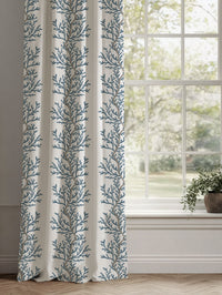 Blue Botanical Linen Curtains - Galilea Blue - White base fabric.