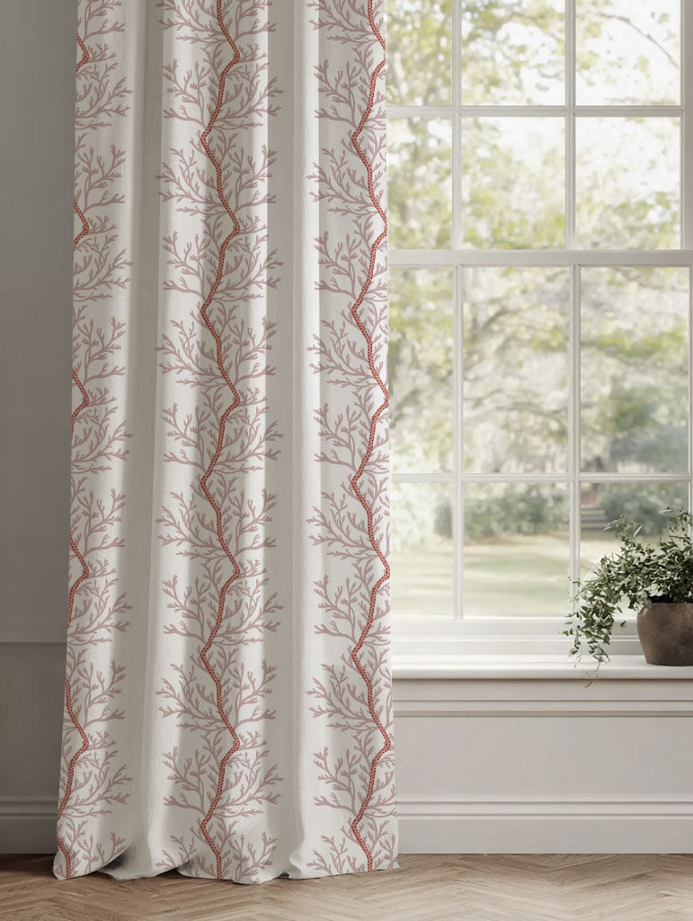 Pink Botanical Linen Curtains - Galilea Pink - White base fabric.