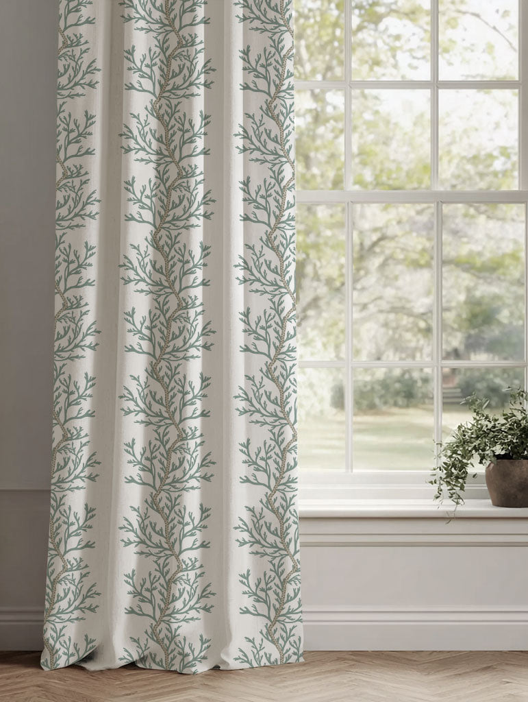 Green Botanical Linen Curtains - Galilea Sage - White base fabric.