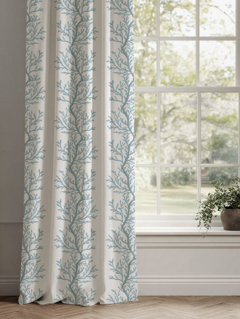 Blue Botanical Linen Curtains - Galilea Sky - White base fabric.