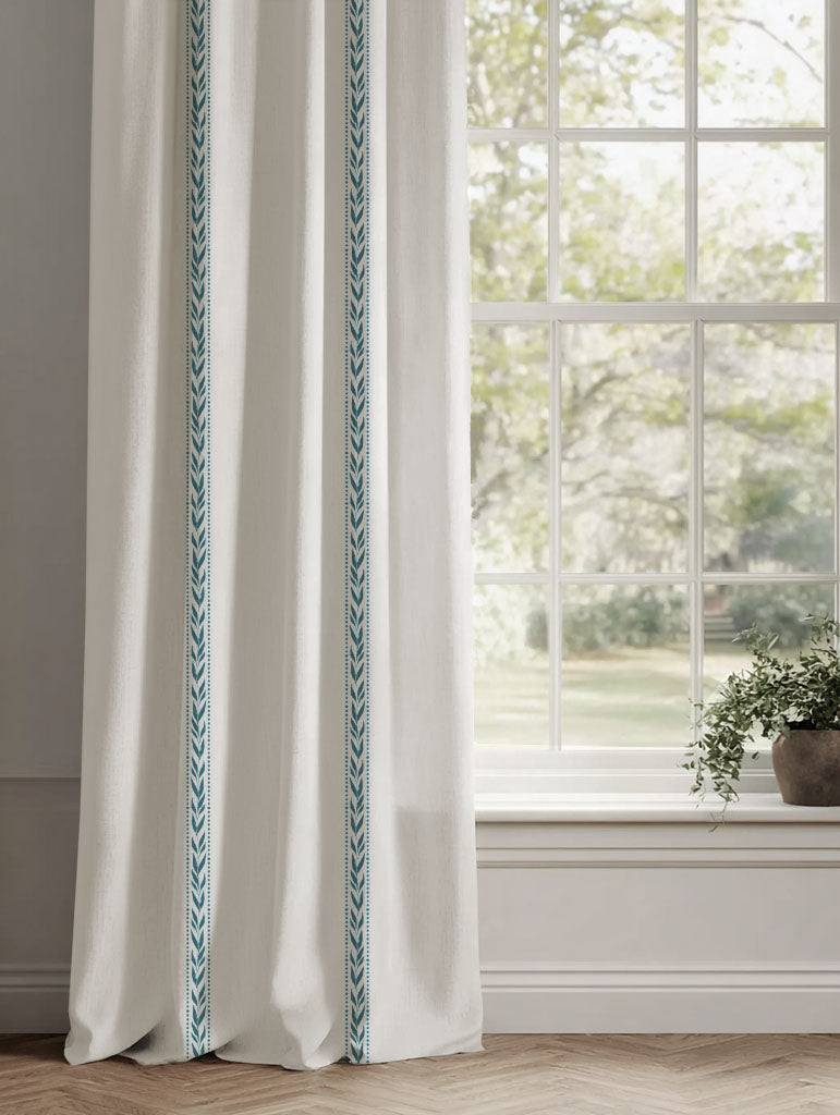 Blue Striped Linen Curtains - Helena Blue Stone - White base fabric.