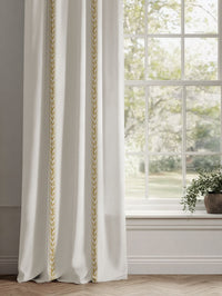 Yellow Striped Linen Curtains - Helena Gold Rod - White base fabric.