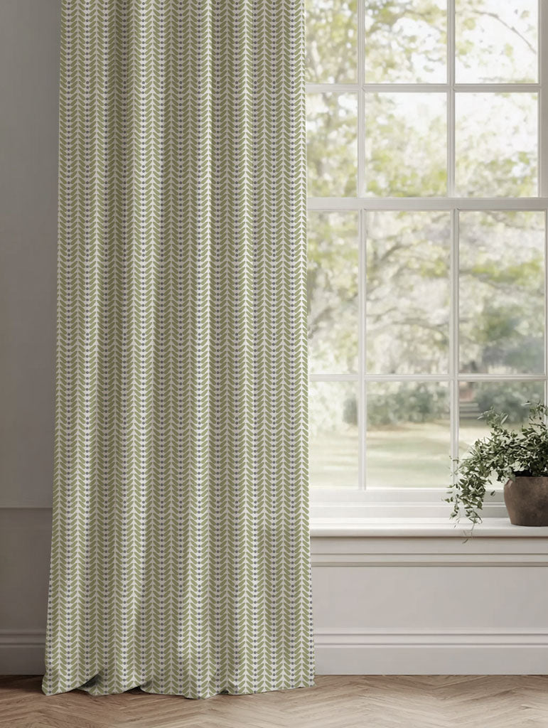 Green Patterned Linen Curtains - Hilda Olive - White base fabric.