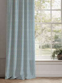 Blue Patterned Linen Curtains - Hilda True Blue - White base fabric.