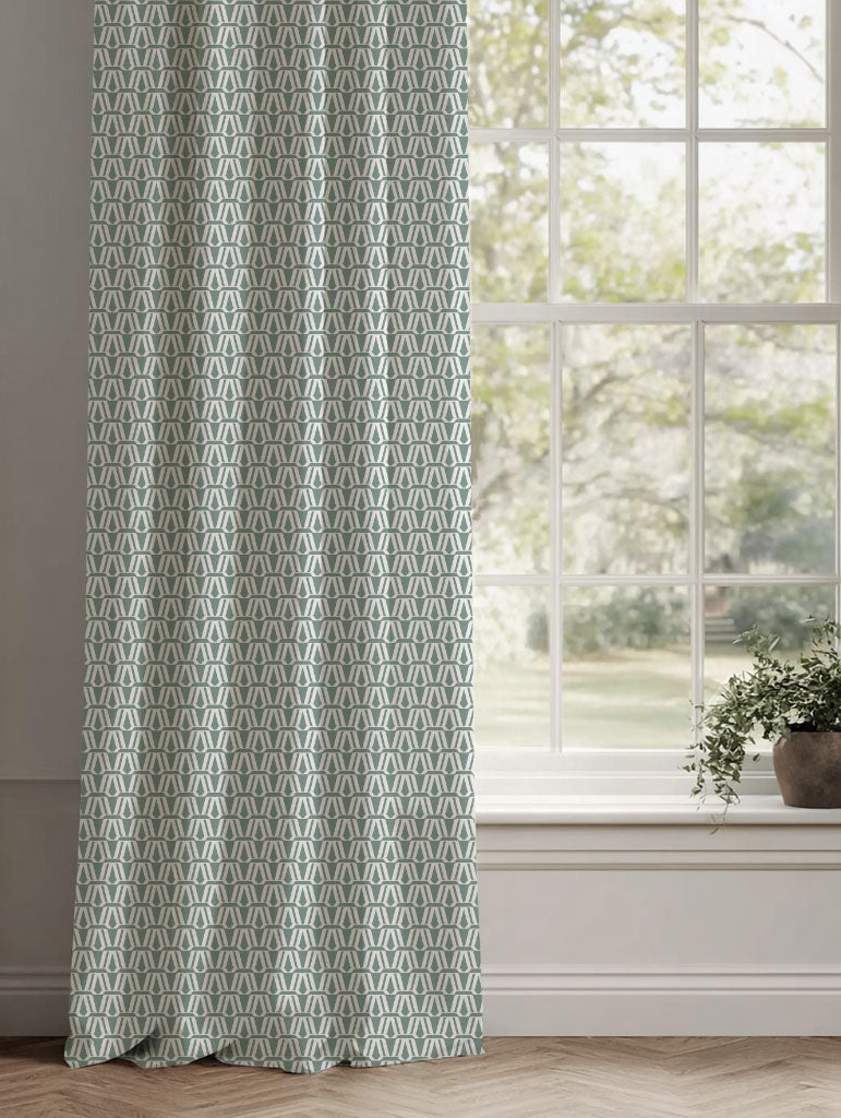 Green Patterned Linen Curtains - Ilva Sage - White base fabric.