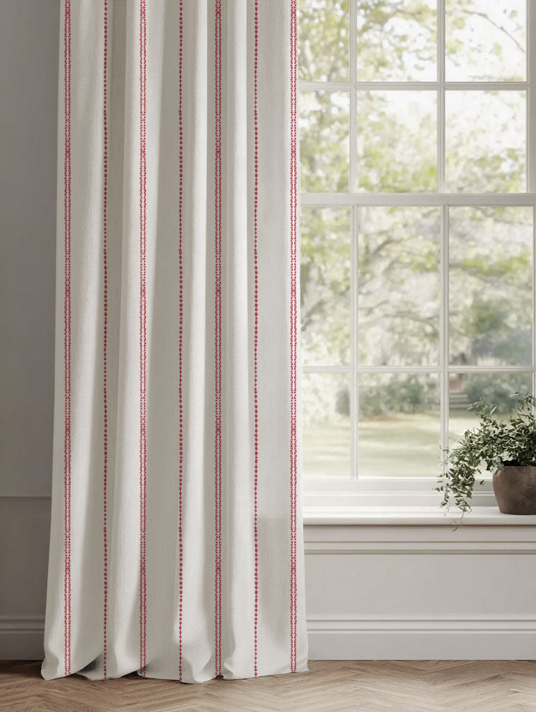 Red Striped Linen Curtains - Inga Dream Red - White base fabric.