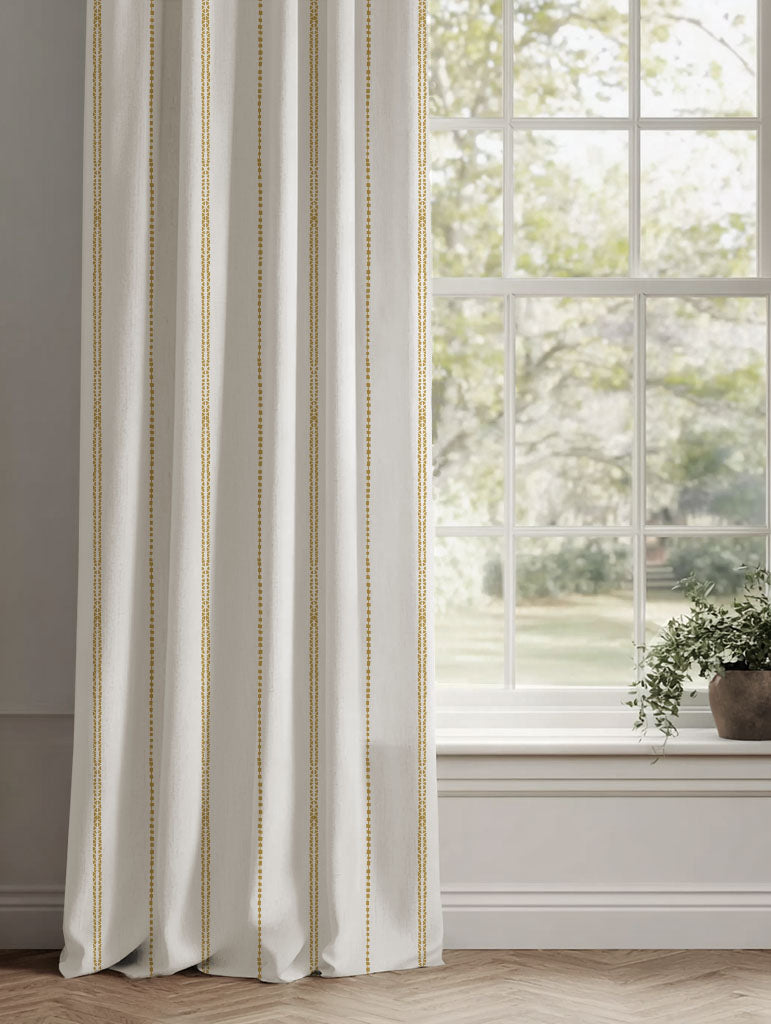 Yellow Striped Linen Curtains - Inga Gold Rod - White base fabric.