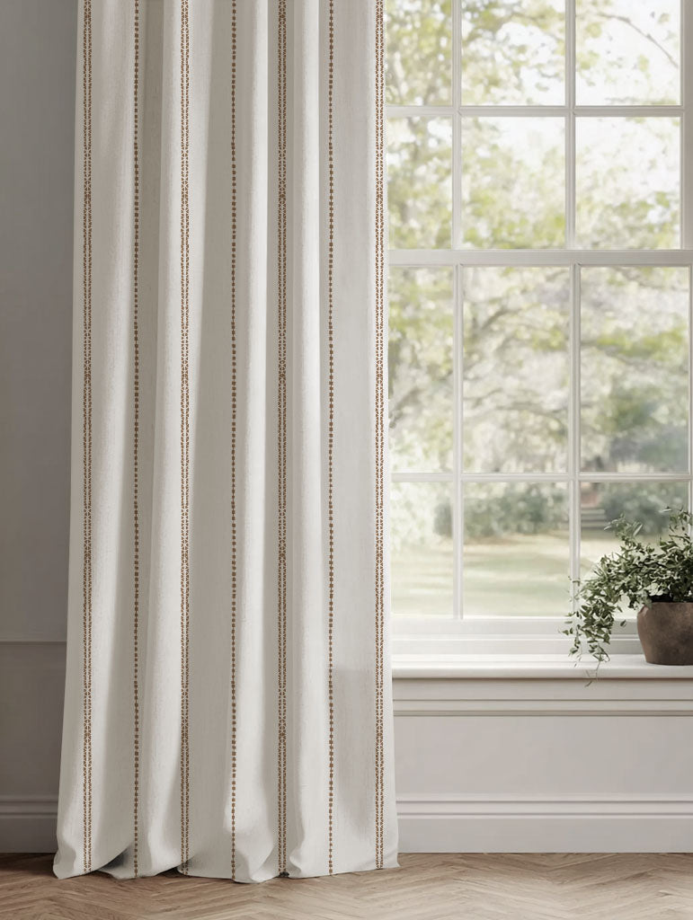Brown Striped Linen Curtains - Inga Sand - White base fabric.