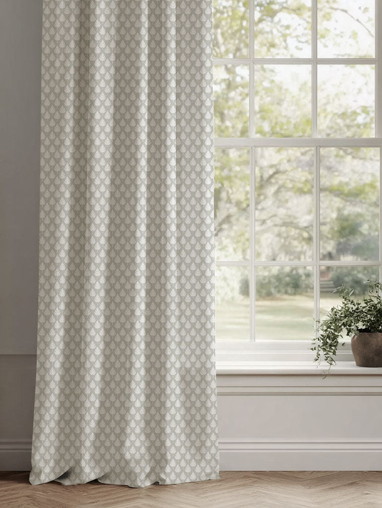 Neutral / Grey Botanical Linen Curtains - Kira Greige Clay - White base fabric.