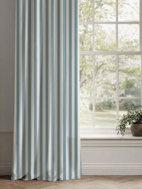 Blue Striped Linen Curtains - Liliana Blue Mist-WHT - White base fabric.