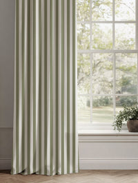 Green Striped Linen Curtains - Liliana Moss-WHT - White base fabric.