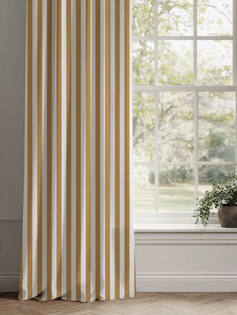 Orange / Yellow Striped Linen Curtains - Liliana Ochre-WHT - White base fabric.
