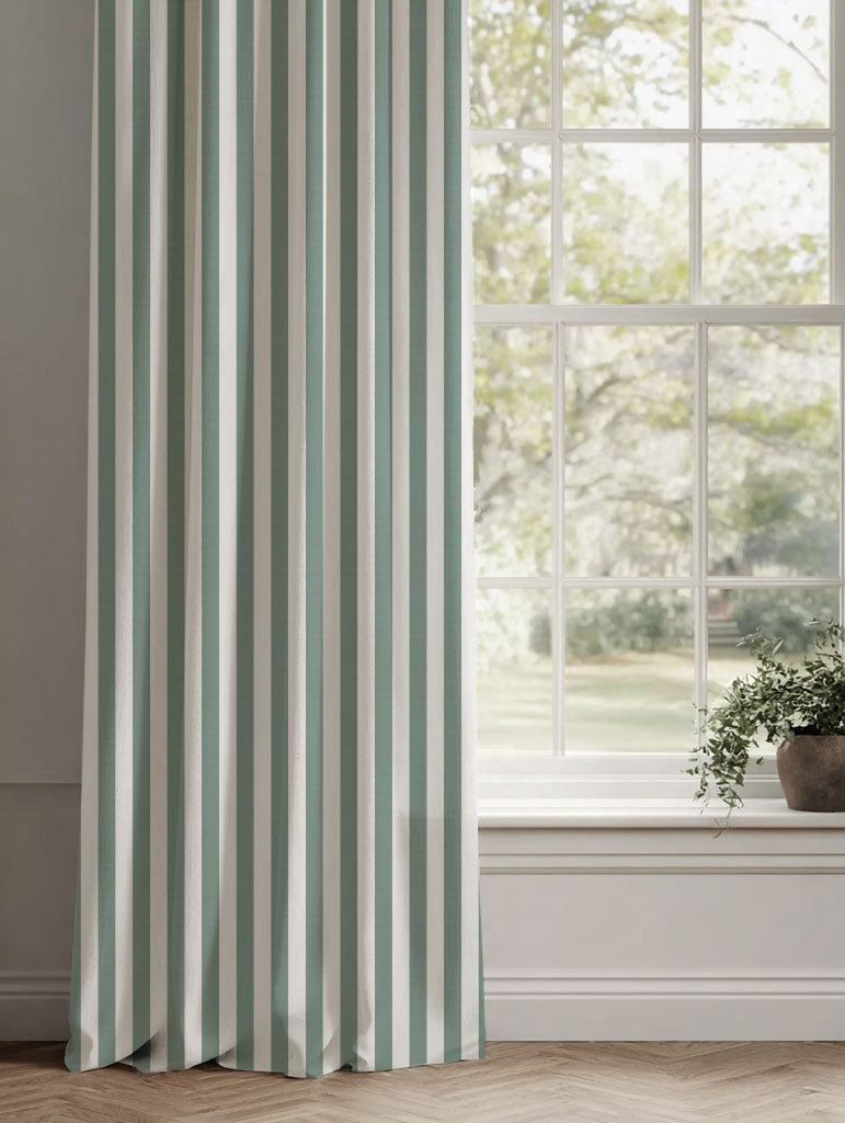 Green Striped Linen Curtains - Liliana Sage-WHT - White base fabric.