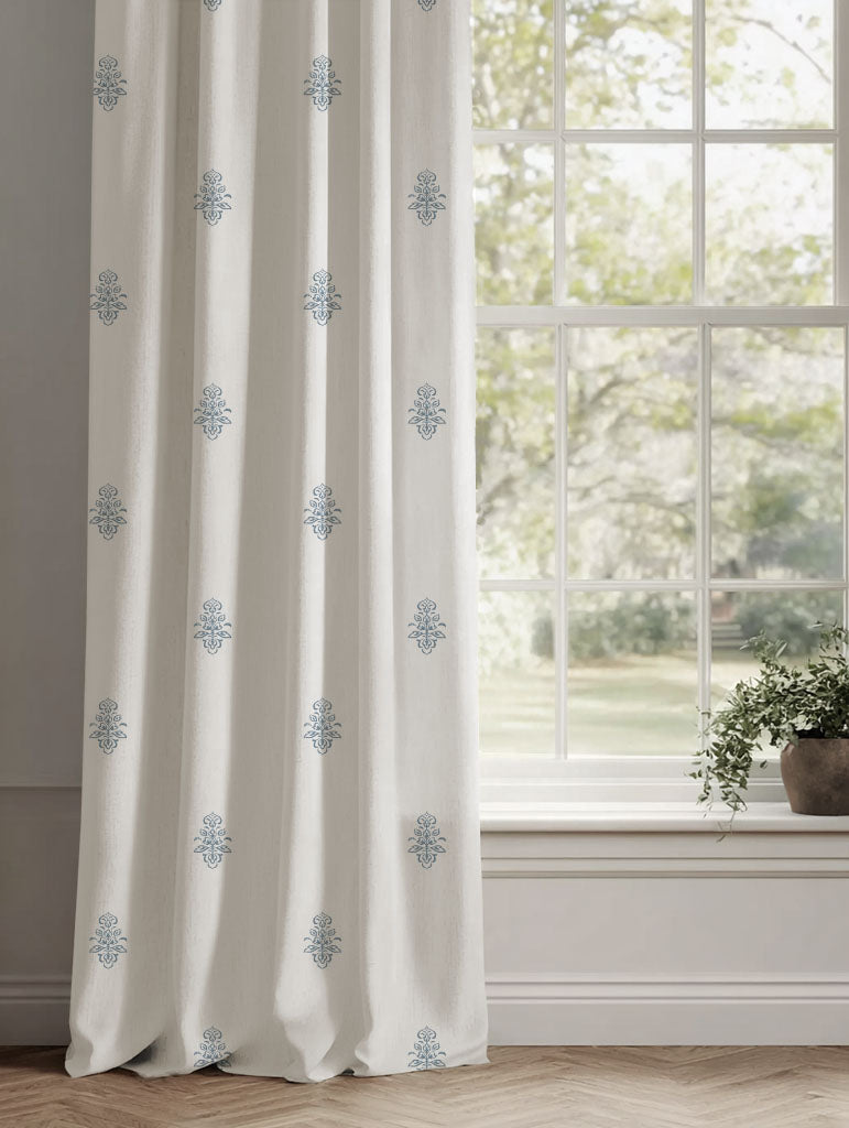 Blue Floral Linen Curtains - Lisana Agate Blue - White base fabric.
