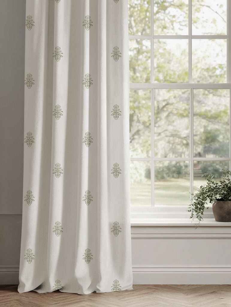 Green Floral Linen Curtains - Lisana Moss - White base fabric.