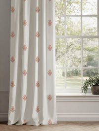 Orange Floral Linen Curtains - Lisana Terracotta - White base fabric.