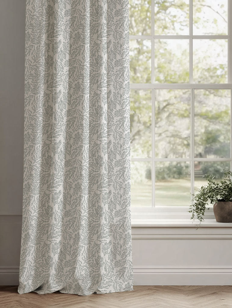 Grey Botanical Linen Curtains - Lisbell Greige-WHT - White base fabric.