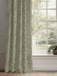 Green Botanical Linen Curtains - Lisbell Moss - White base fabric.