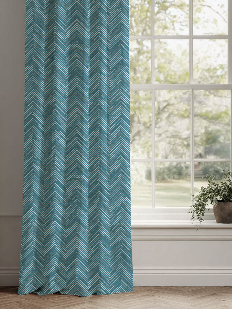 Blue Patterned Linen Curtains - Lulu Blue Stone - White base fabric.