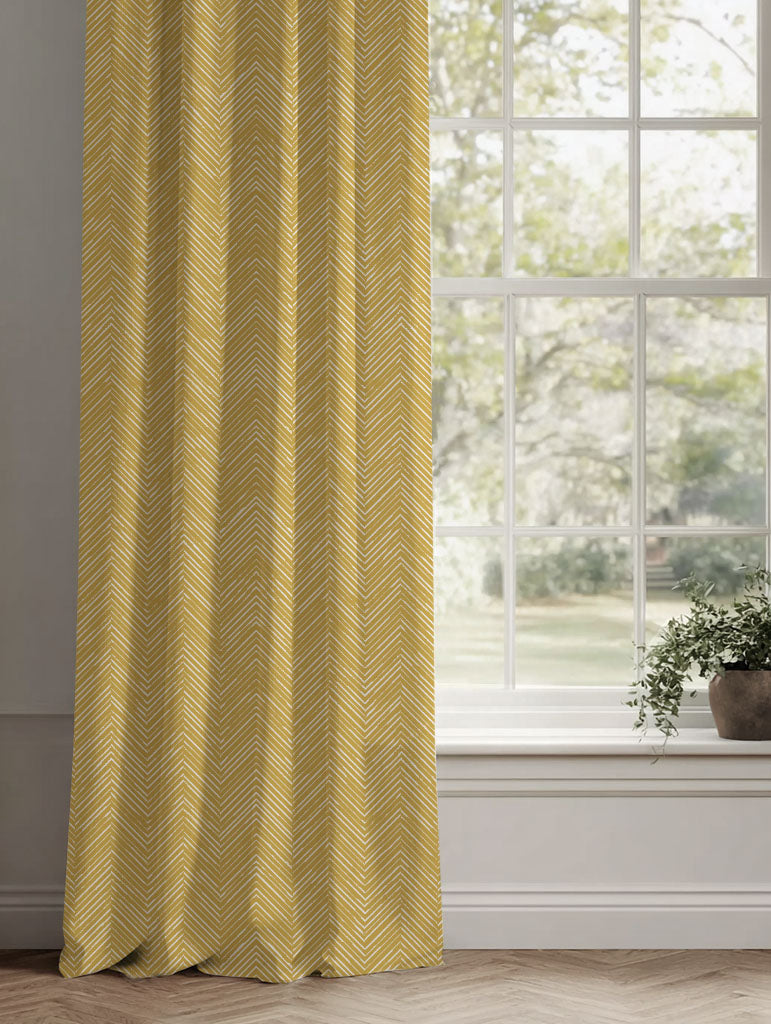 Yellow Patterned Linen Curtains - Lulu Dijon - White base fabric.