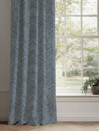 Blue Patterned Linen Curtains - Lulu Ink - White base fabric.