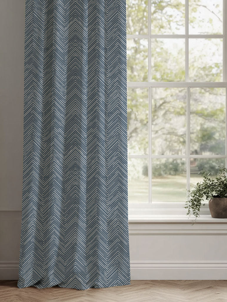 Blue Patterned Linen Curtains - Lulu Ink - White base fabric.