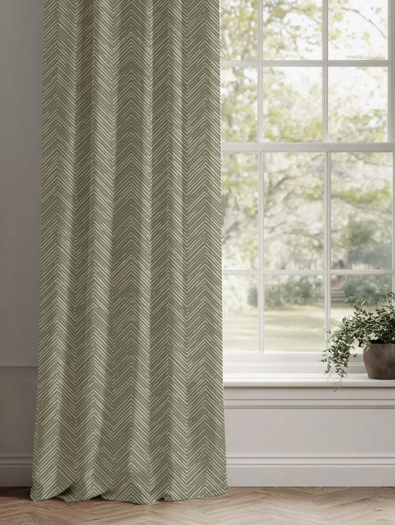 Green Patterned Linen Curtains - Lulu Moss - White base fabric.