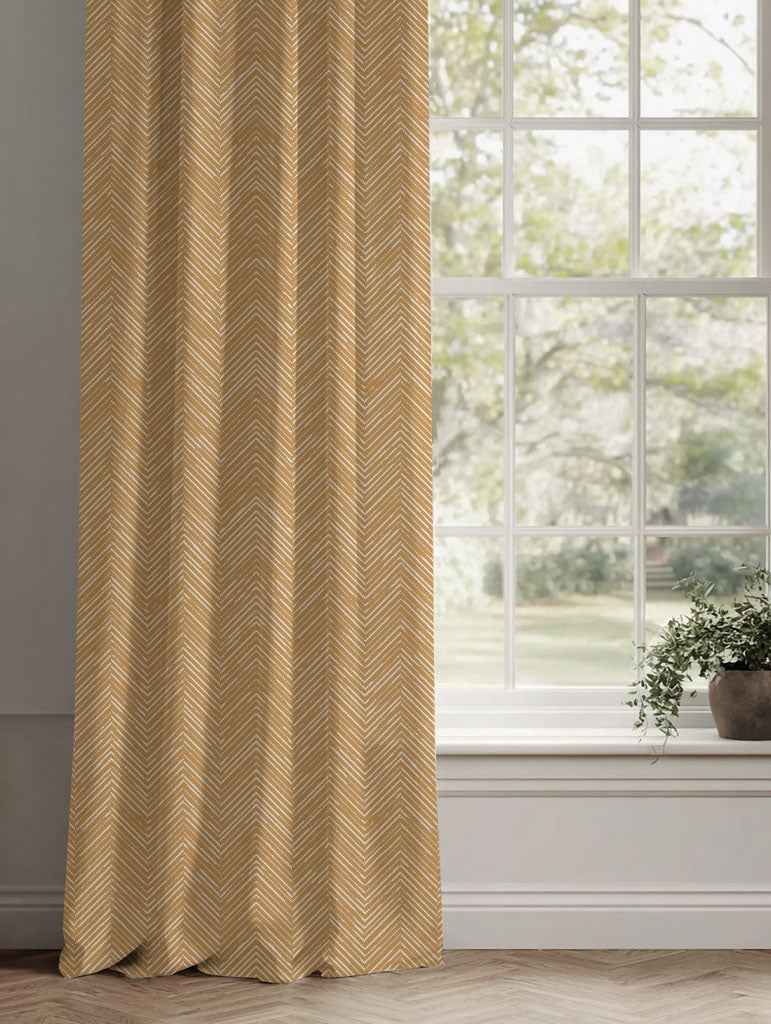 Orange / Yellow Patterned Linen Curtains - Lulu Ochre - White base fabric.