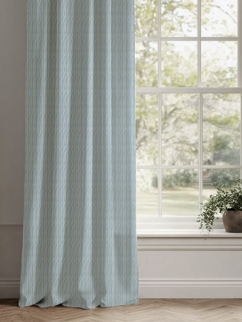 Blue Striped Linen Curtains - Maisa Blue Mist - White base fabric.