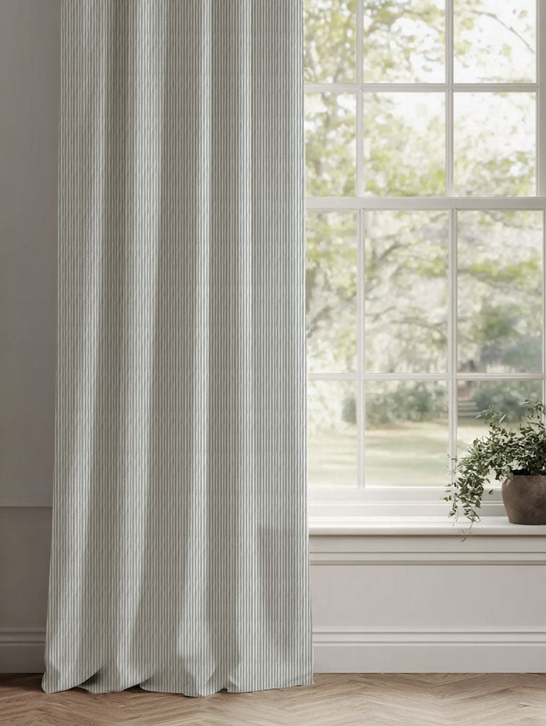 Grey Striped Linen Curtains - Maisa Greige - White base fabric.